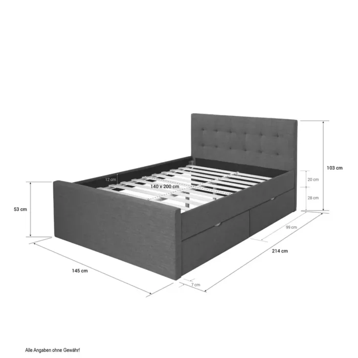 Polsterbett 140x200 - Doppelbett mit vier Bettkästen - Farbe: Grau
