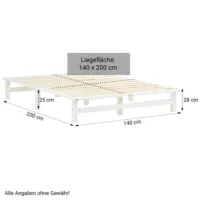Massivholz Doppelbett 140x200 - Bett ohne Kopfteil - Farbe: Weiß