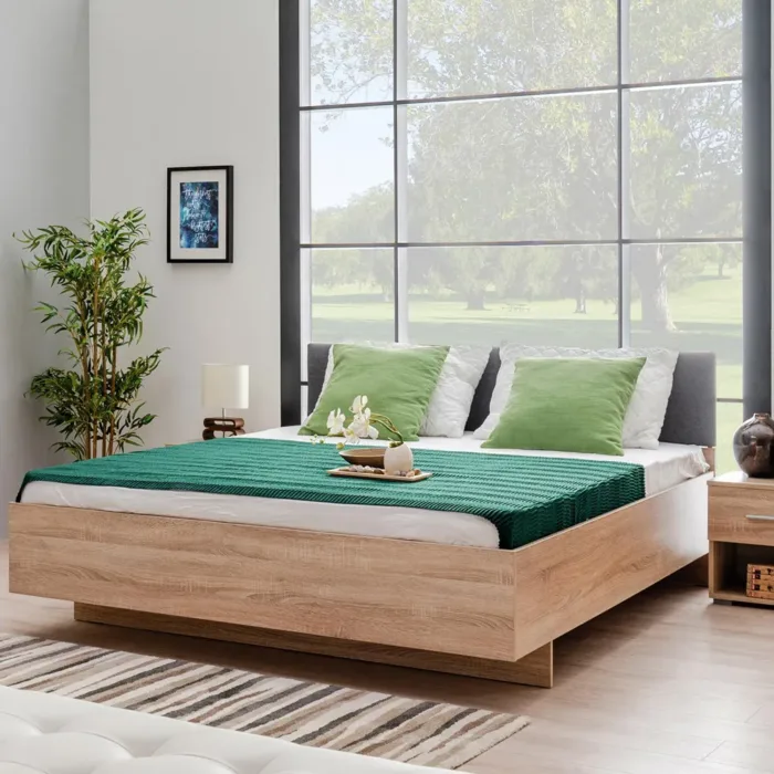 Doppelbett 160x200 - Futonbett mit hohem Polster-Kopfteil - Farbe: Natur mit Grau