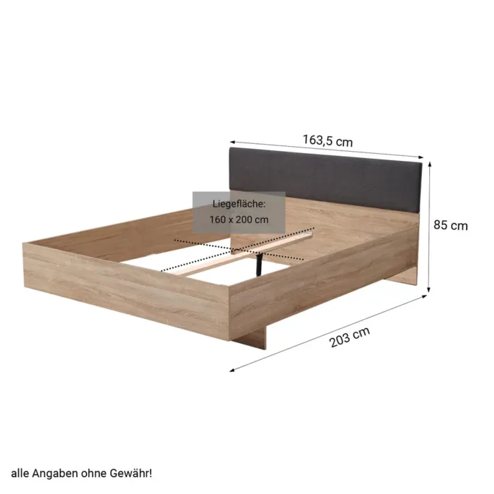 Doppelbett 160x200 - Futonbett mit hohem Polster-Kopfteil - Farbe: Natur mit Grau