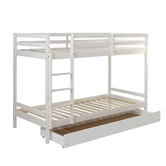 Etagenbett 90x200 mit Leiter und optional Bettkasten - Kinderbett mit zwei Schlafplätzen - Farbe: Weiß