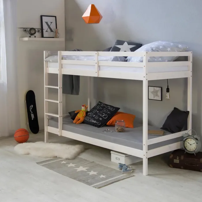 Etagenbett 90x200 mit Leiter und optional Bettkasten - Kinderbett mit zwei Schlafplätzen - Farbe: Weiß