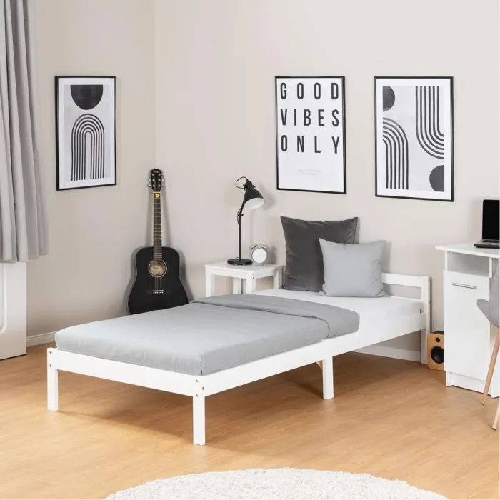Massivholzbett 90x200 - Einzelbett mit Kopfteil - Farbe: Weiß