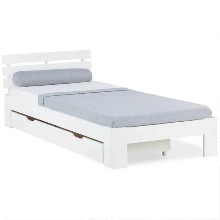 Massivholzbett 90×200 – Einzelbett mit Rückenlehne und Schublade – Farbe: Weiß