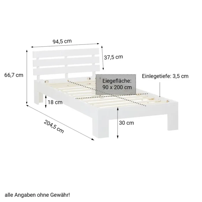 Massivholzbett 90×200 – Einzelbett mit Rückenlehne – Farbe: Weiß