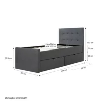 Polsterbett 90x200 - Einzelbett mit zwei Bettkästen - Farbe: Grau