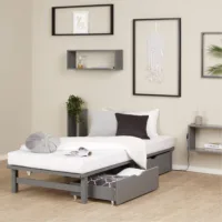 Massivholzbett 90×200 – Palettenbett mit zwei Bettkästen – Farbe: Grau