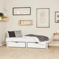 Massivholzbett 90×200 – Palettenbett mit zwei Bettkästen – Farbe: Weiß