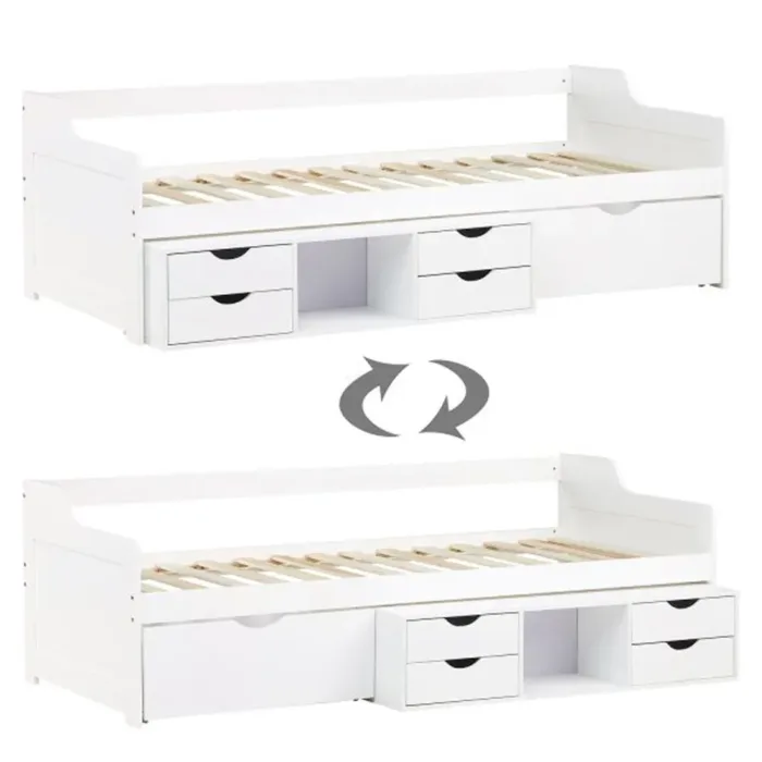 Schubladenbett mit Bettkasten und Schubladen 90×200 – Schlafsofa mit Stauraum – Farbe: Weiß