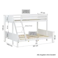 Doppelstockbett 90x200 und 140x200 - Vollholz Etagenbett für Kinder - Farbe: Weiß