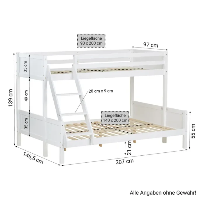 Doppelstockbett 90x200 und 140x200 - Vollholz Etagenbett für Kinder - Farbe: Weiß
