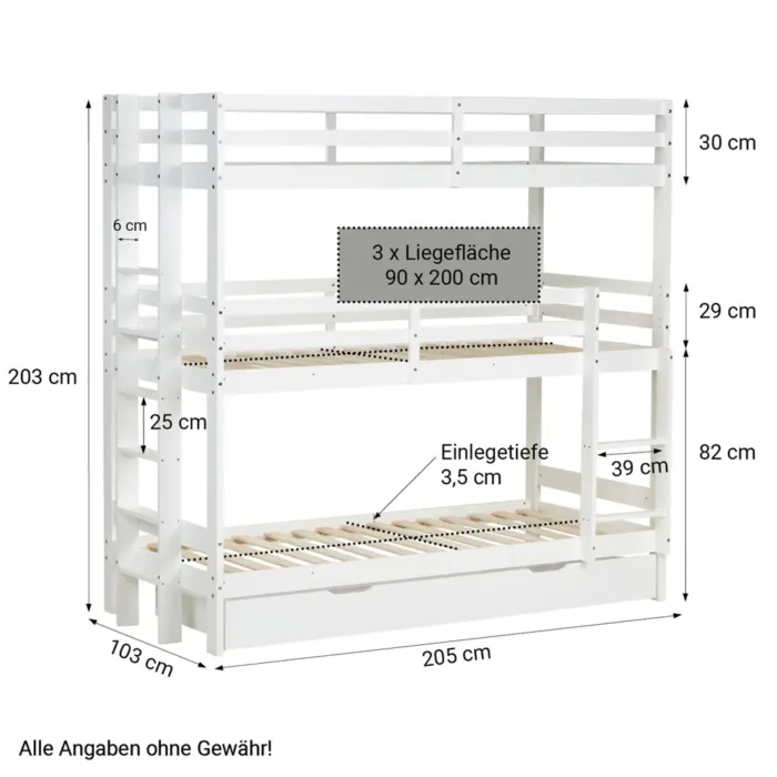 Etagenbett mit Bettschublade - 3x 90x200 - Kinderbett mit drei Schlafplätzen - Farbe: Weiß