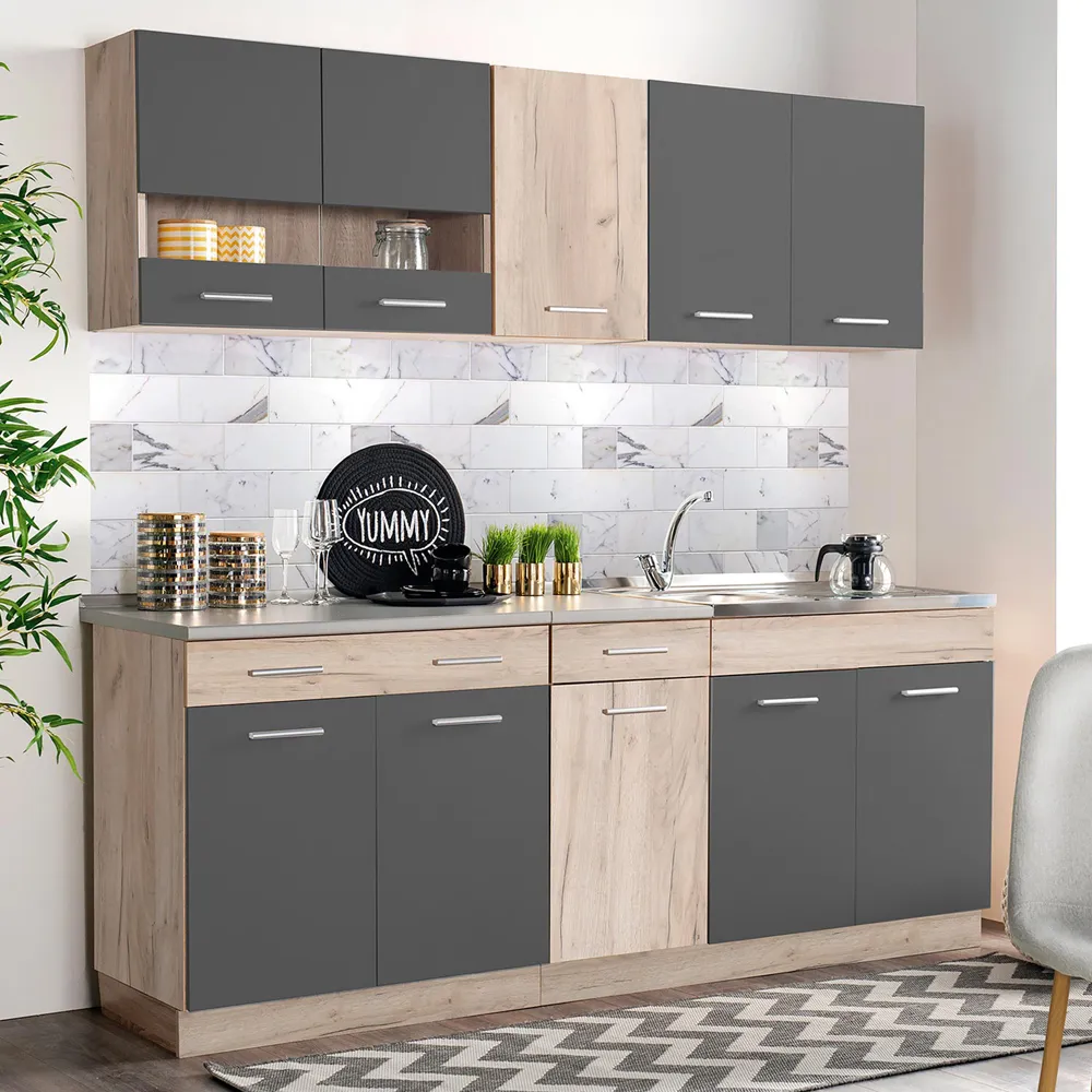 Küchenmöbel 120 cm Breite - Kücheneinheit mit zwei Küchenzeilen - Farbe: Natur-Grau