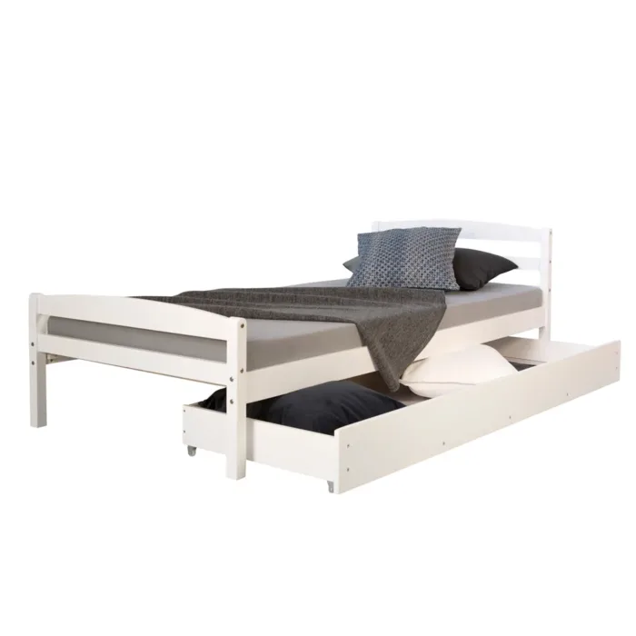 Massivholzbett 90x200 – Einzelbett mit Bettkasten und Kopfteil – Farbe: Weiß