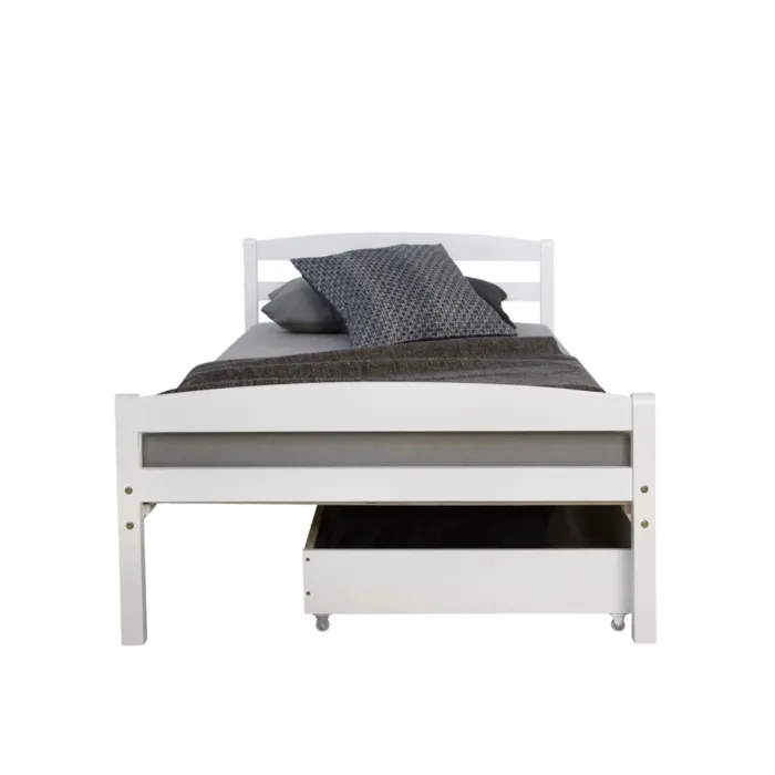 Massivholzbett 90x200 – Einzelbett mit Bettkasten und Kopfteil – Farbe: Weiß