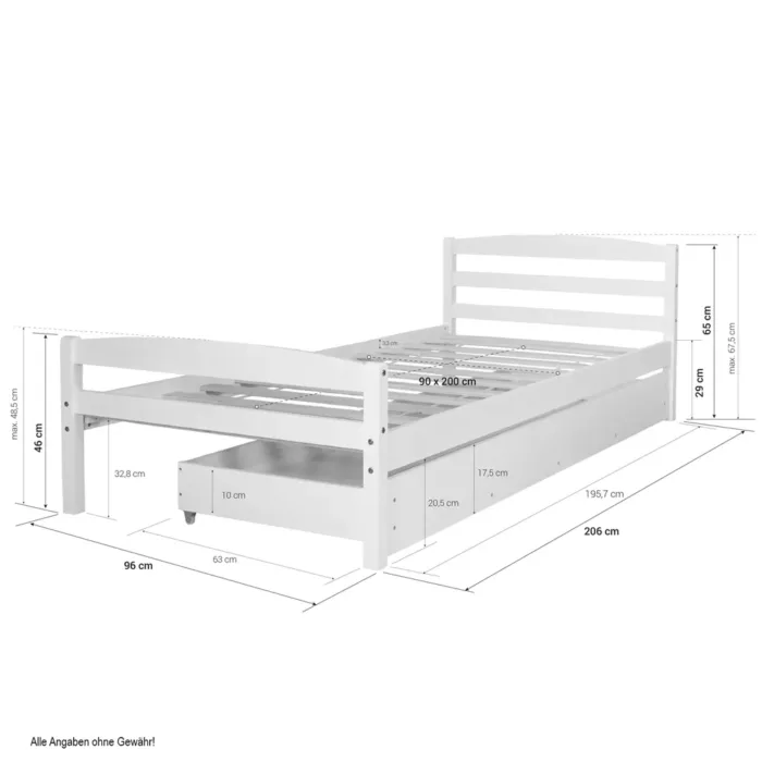 Massivholzbett 90x200 – Einzelbett mit Bettkasten und Kopfteil – Farbe: Weiß