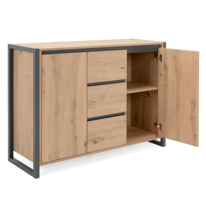 Anrichte 120 cm Breite - Kommode Industrial Stil mit drei Schubladen und Türen – Farbe: Natur Anthrazit
