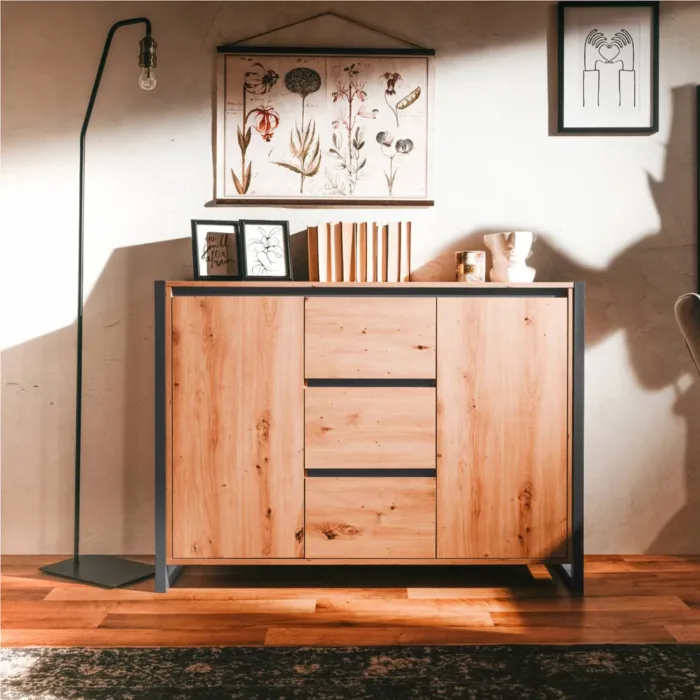 Anrichte 120 cm Breite - Kommode Industrial Stil mit drei Schubladen und Türen – Farbe: Natur Anthrazit