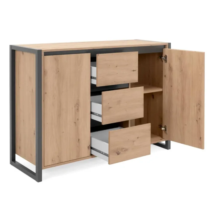 Anrichte 120 cm Breite - Kommode Industrial Stil mit drei Schubladen und Türen – Farbe: Natur Anthrazit