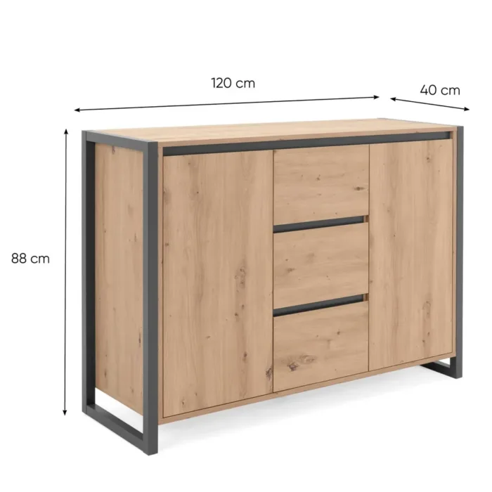 Anrichte 120 cm Breite - Kommode Industrial Stil mit drei Schubladen und Türen – Farbe: Natur Anthrazit