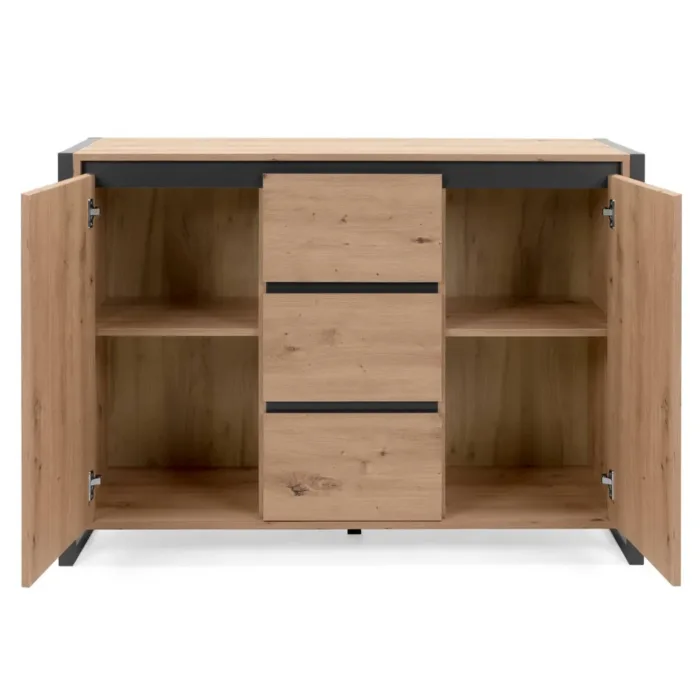 Anrichte 120 cm Breite - Kommode Industrial Stil mit drei Schubladen und Türen – Farbe: Natur Anthrazit