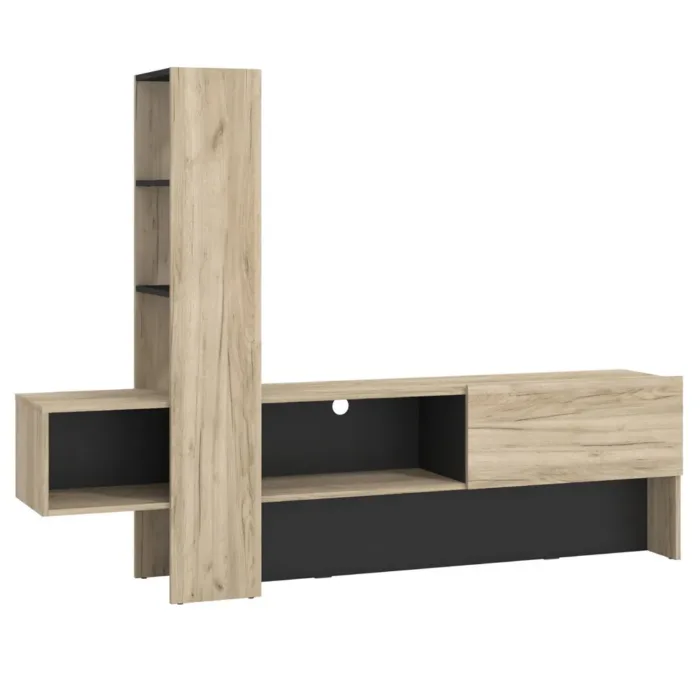 Wohnwand 1-teilig 186 cm Breite - TV Mediawand mit Lowboard und Regal – Farbe: Natur Grau