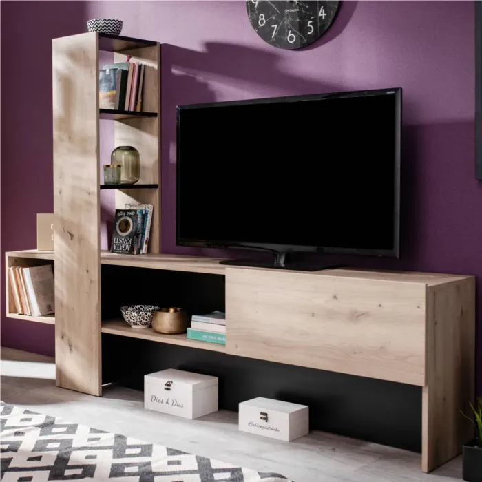 Wohnwand 1-teilig 186 cm Breite - TV Mediawand mit Lowboard und Regal – Farbe: Natur Grau