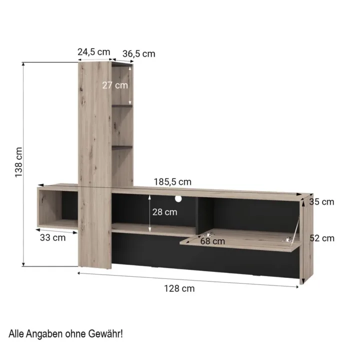Wohnwand 1-teilig 186 cm Breite - TV Mediawand mit Lowboard und Regal – Farbe: Natur Grau