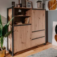 Kommode 120 cm Breite - Anrichte Industrial Stil mit zwei Schubladen und Türen - Farbe: Natur Anthrazit