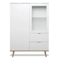 Hochschrank 100 cm Breite - Kommode mit Glaselement und zwei Schubladen - Farbe: Weiß Natur