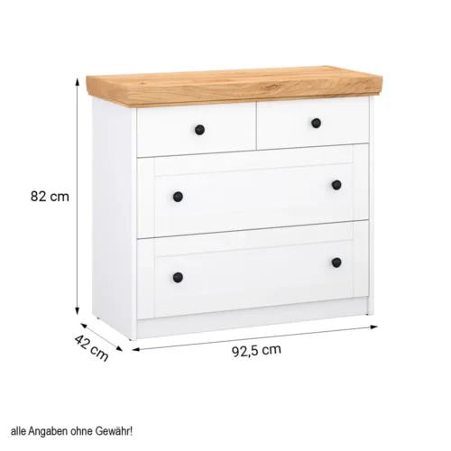 Mehrzweckschrank 92 cm - Anrichte mit vier Schubladen und heller Oberflächenplatte – Farbe: Weiß Natur