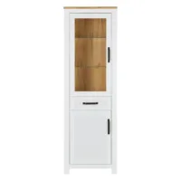 Hochschrank 64 cm Breite - Vitrine mit Schranktür aus Glas und heller Oberflächenplatte – Farbe: Weiß Natur