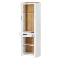 Hochschrank 64 cm Breite - Vitrine mit Schranktür aus Glas und heller Oberflächenplatte – Farbe: Weiß Natur