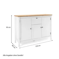 Anrichte 120 cm Breite - Kommode mit drei Türen und heller Oberflächenplatte - Farbe: Weiß Natur
