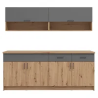 Modulküche 200 cm Breite – Oberschrank Zeile und Unterschrank Reihe – Farbe: Natur Grau
