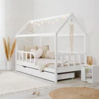 Hausbett 90x200 – Kinderbett mit Bettkasten und Rausfallschutz – Farbe: Weiß
