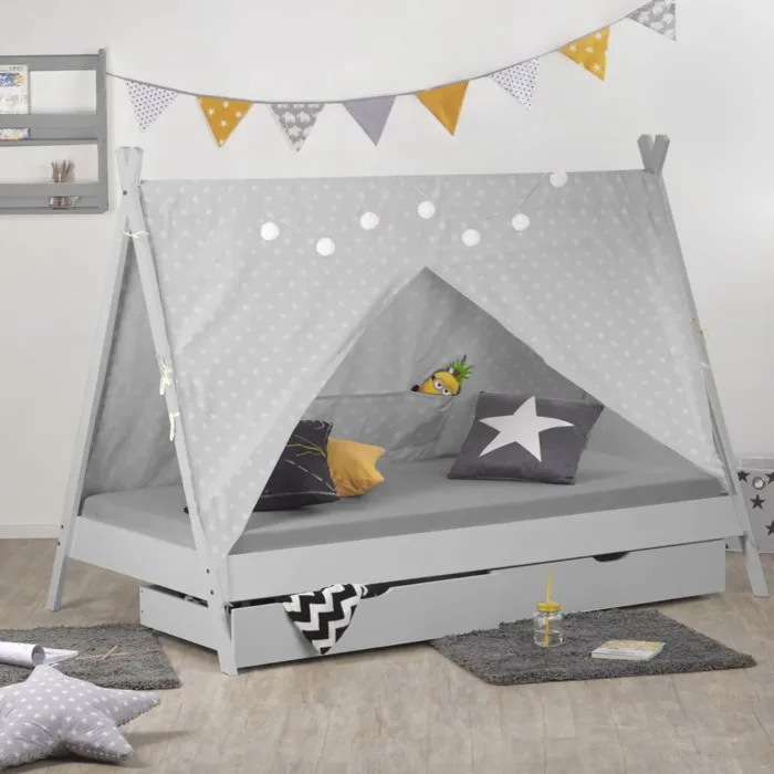 Tipi 90x200 cm – Zeltbett für Kinder mit zwei Schubladen – Farbe: Grau Weiß