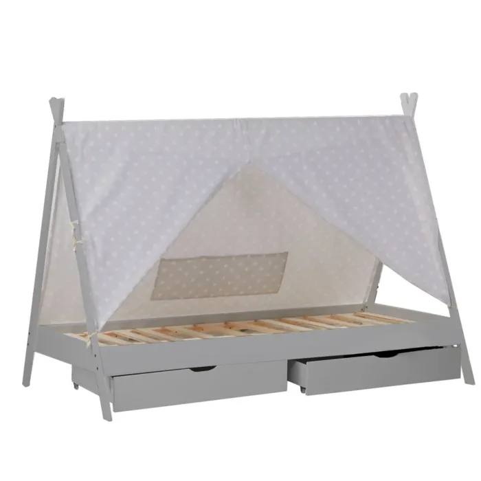 Tipi 90x200 cm – Zeltbett für Kinder mit zwei Schubladen – Farbe: Grau Weiß