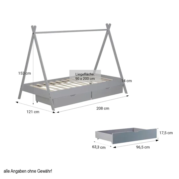 Tipi 90x200 cm – Zeltbett für Kinder mit zwei Schubladen – Farbe: Grau Weiß