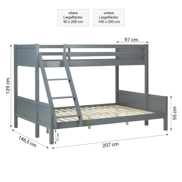 Etagenbett mit zwei Liegeflächen - 90x200 und 140x200 - Doppelstockbett aus Vollholz - Farbe: Grau