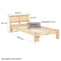 Massivholzbett 90x200 – Einzelbett mit Rückenrahmen – Bettschublade - Farbe: Natur