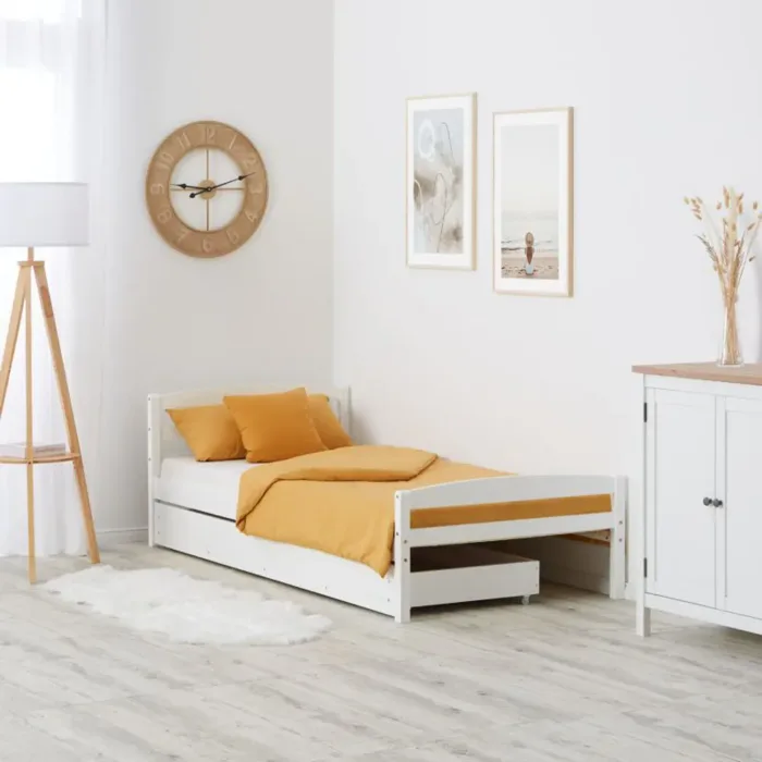 Massivholzbett 90x200 – Einzelbett mit Bettkasten und Kopfteil – Farbe: Weiß