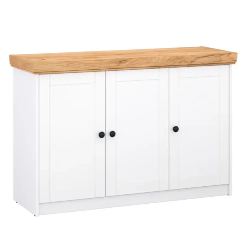 Kommode 135 cm Breite - Mehrzweckschrank mit drei Türen und heller Oberflächenplatte – Farbe: Weiß Natur