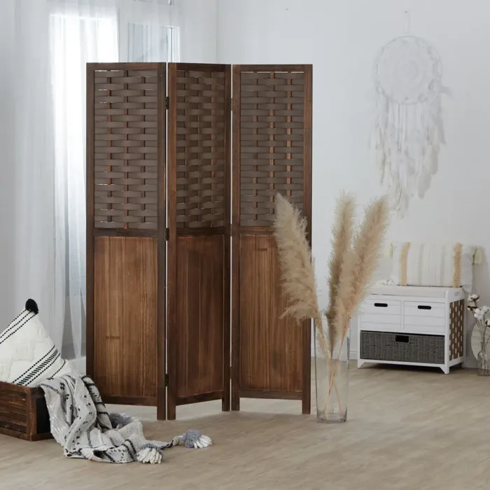 Geprüfte Retourware – Paravent Raumteiler 3-teilig, 120x170 cm - Holz im Usedlook mit Rattanoptik-Elementen in Dunkelbraun