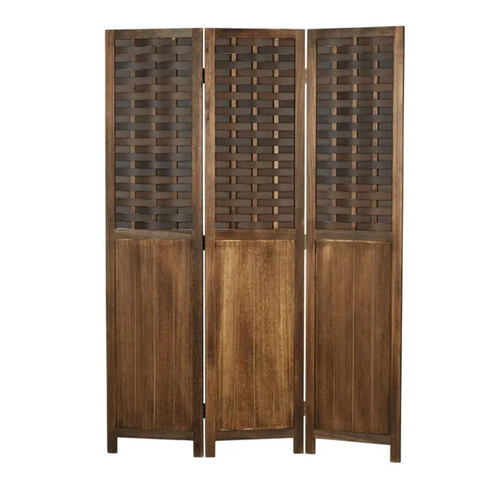 Geprüfte Retourware – Paravent Raumteiler 3-teilig, 120x170 cm - Holz im Usedlook mit Rattanoptik-Elementen in Dunkelbraun