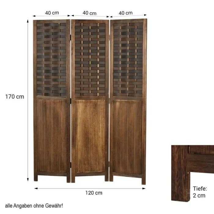 Geprüfte Retourware – Paravent Raumteiler 3-teilig, 120x170 cm - Holz im Usedlook mit Rattanoptik-Elementen in Dunkelbraun