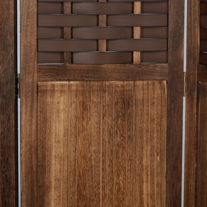 Geprüfte Retourware – Paravent Raumteiler 3-teilig, 120x170 cm - Holz im Usedlook mit Rattanoptik-Elementen in Dunkelbraun