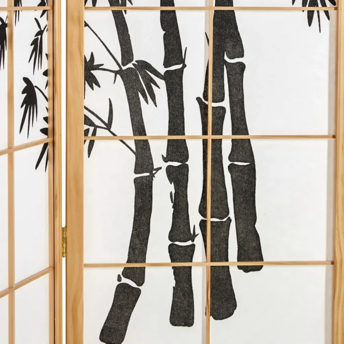 Geprüfte Retourware - Paravent - 3-teilig - Holz und Reispapier mit Print - 132 cm Breite und 179 cm Höhe - Farbe: Natur mit Schwarz