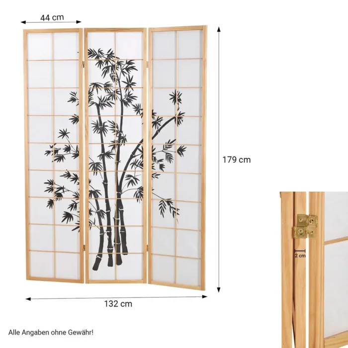 Geprüfte Retourware - Paravent - 3-teilig - Holz und Reispapier mit Print - 132 cm Breite und 179 cm Höhe - Farbe: Natur mit Schwarz