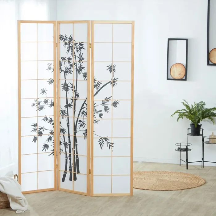 Geprüfte Retourware - Paravent - 3-teilig - Holz und Reispapier mit Print - 132 cm Breite und 179 cm Höhe - Farbe: Natur mit Schwarz